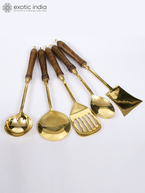 14" Brass Cooking Utensils Set with Wooden Handles