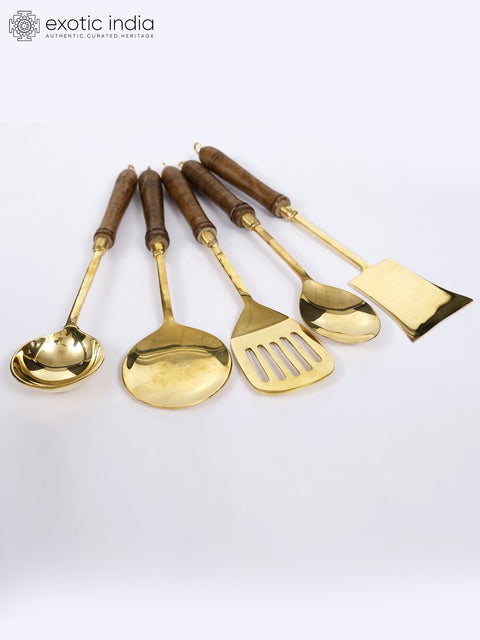 14" Brass Coocking Utensils Set with Wooden Handle | Set of Five