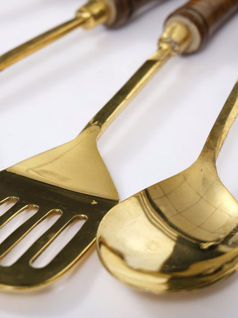 14" Brass Coocking Utensils Set with Wooden Handle | Set of Five