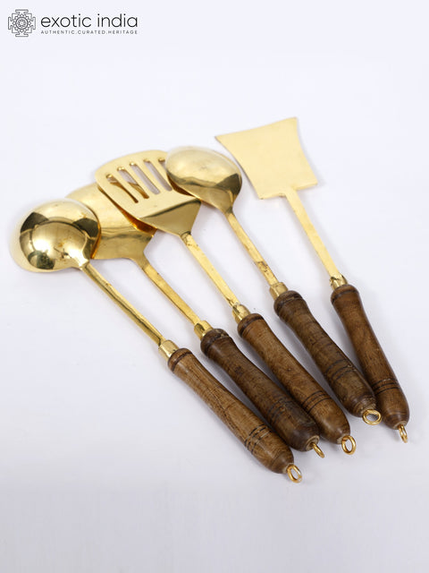 14" Brass Coocking Utensils Set with Wooden Handle | Set of Five