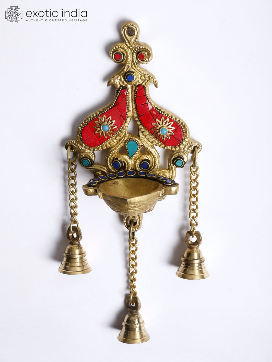 11" Brass Designer Wall Hanging Diya with Bells and Inlay Work