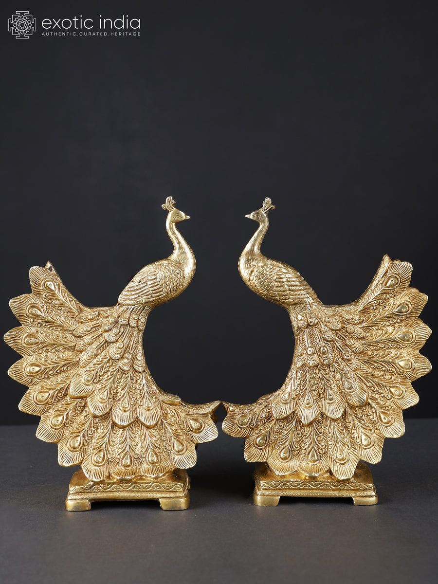 9" Pair of Peacocks Brass Statues for Home Decor