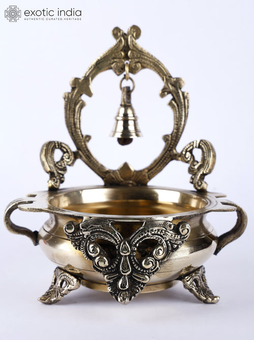 8" Brass Designer Urli with Bell Statue