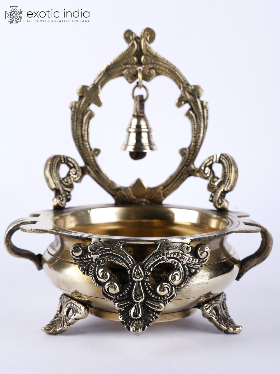 8" Brass Designer Urli with Bell Statue