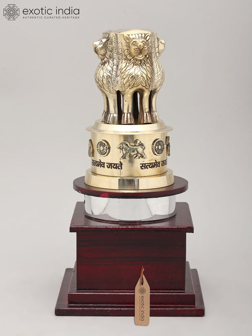 9" Ashoka Stambh Brass and Wood Statue - National Emblem