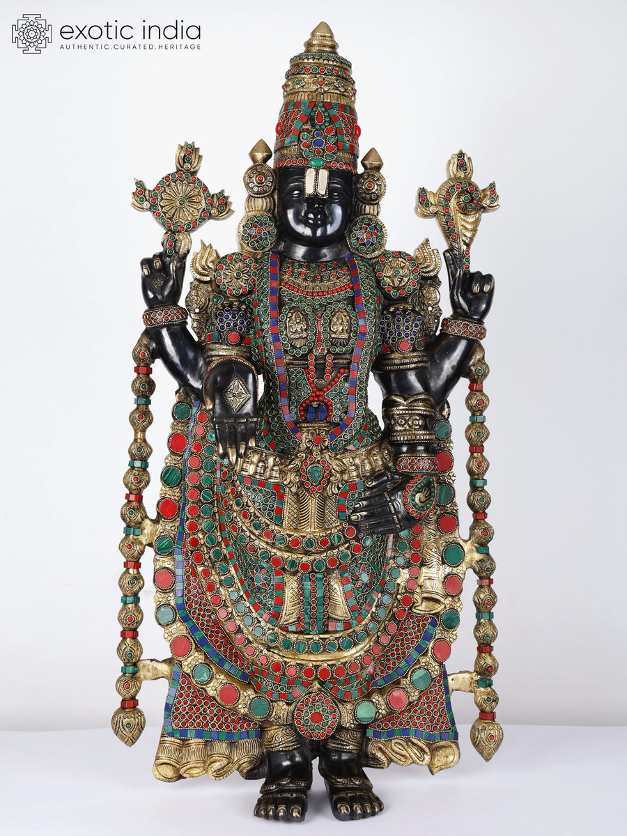 34" Large Brass Lord Tirupati Balaji Statue with Inlay Work