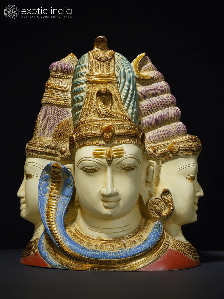 11" Colorful Tri-Dev Brass Bust with Devi Reverse Statue