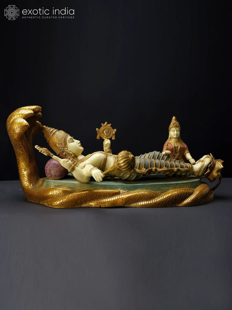 23" Colorful Shesha-Shayi Lord Vishnu with Devi Lakshmi | Brass Statue