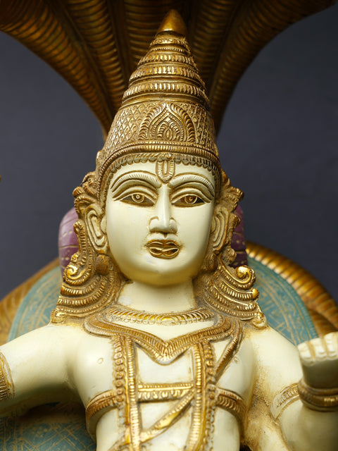 23" Colorful Shesha-Shayi Lord Vishnu with Devi Lakshmi | Brass Statue