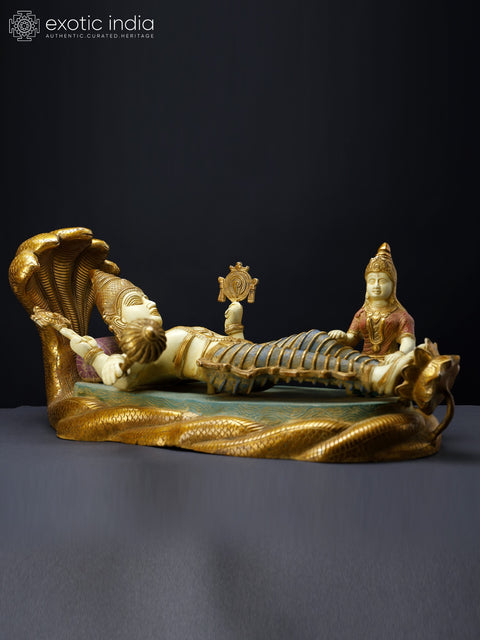 23" Colorful Shesha-Shayi Lord Vishnu with Devi Lakshmi | Brass Statue