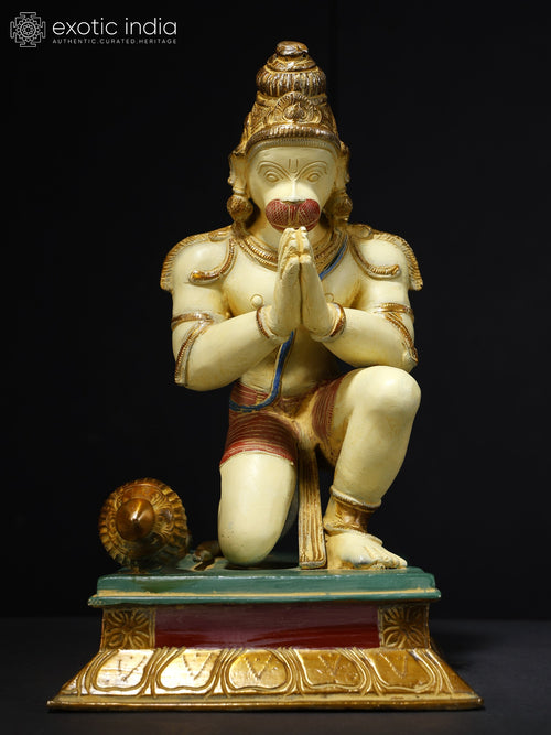 12" Colorful Lord Hanuman Seated in Namaskar Gesture Brass Statue