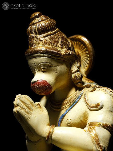 12" Colorful Lord Hanuman Seated in Namaskar Gesture | Brass Statue