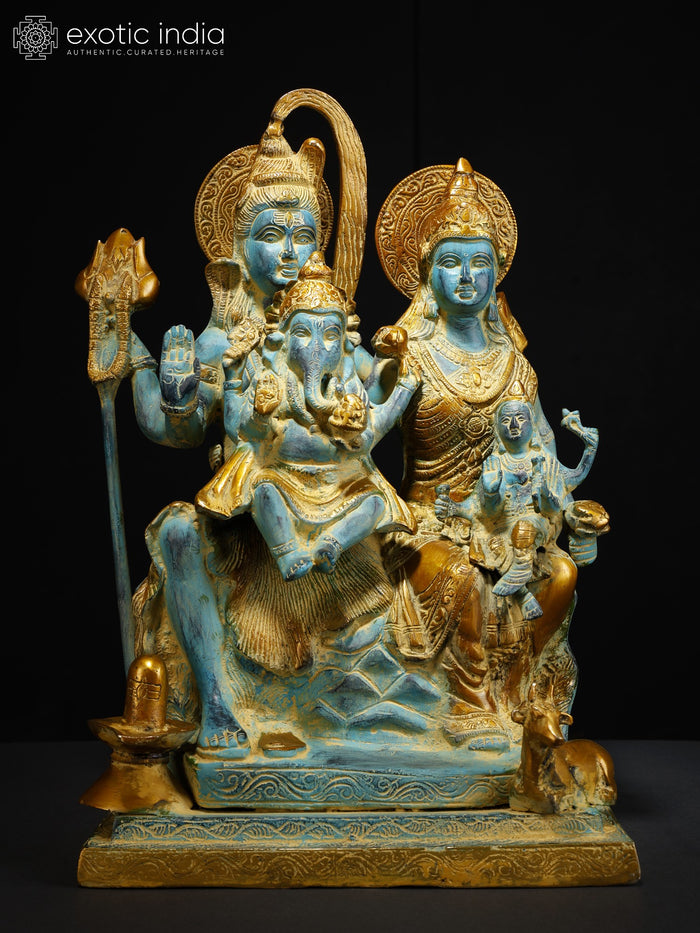 18" Shiva Family Brass Statue with Blue and Golden Finish