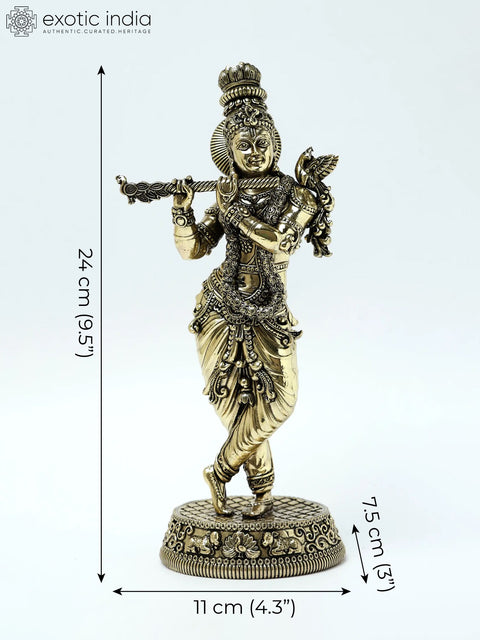 9" Superfine Lord Krishna Brass Statue Playing Flute