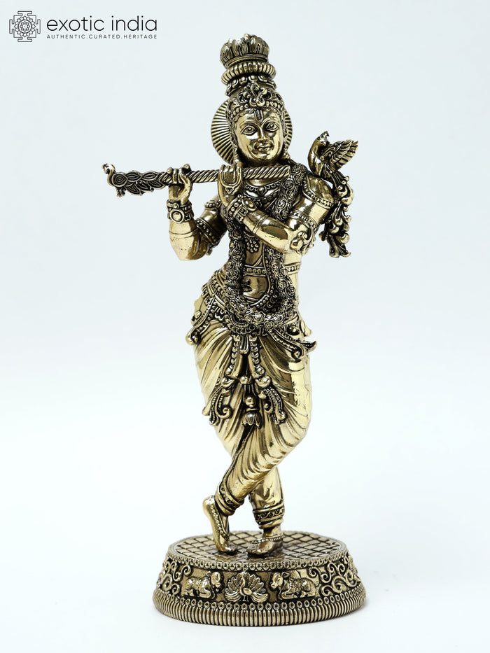 9" Lord Krishna Playing Flute Brass Statue Handmade