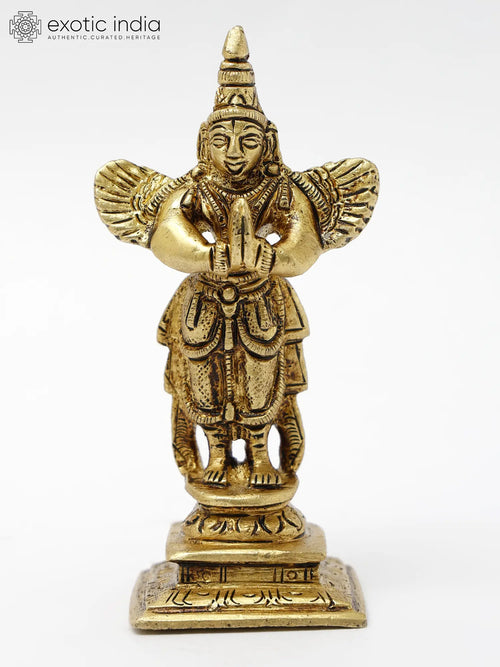 4" Standing Garuda Brass Statue in Namaskar Mudra Pose