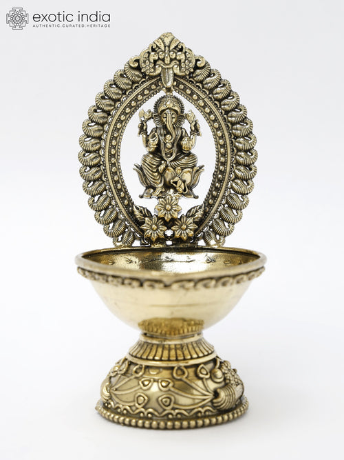 5" Small Superfine Brass Ganesha Oil Lamp for Pooja