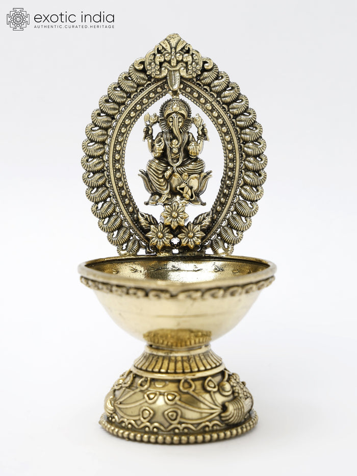 5" Small Superfine Brass Ganesha Oil Lamp for Pooja