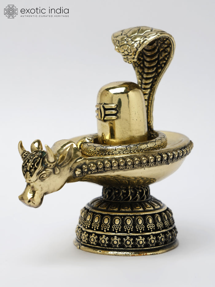 5" Small Brass Shivalinga Statue with Nandi Mukh and Naag
