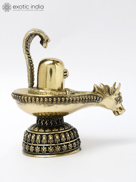 5" Small Brass Shivalinga with Nandi Mukh and Protecting Naag