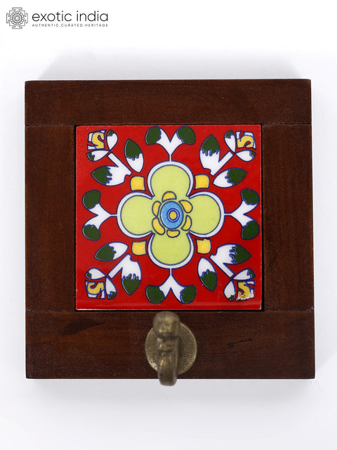 4" Wood Framed Ceramic Tile Wall Hook