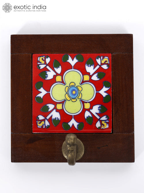 4" Wood Framed Ceramic Tile Wall Hook for Home Decor
