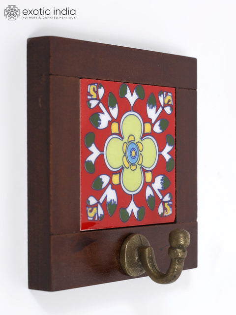 4" Wood Framed Ceramic Tile Wall Hook