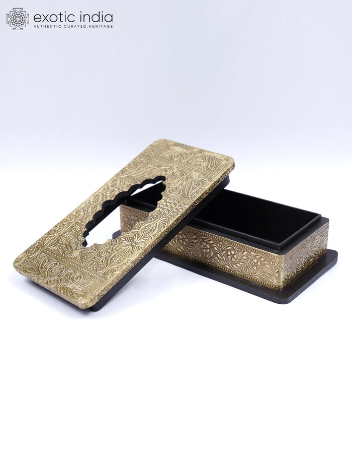 10" Wooden Tissue Box with Brass Work Handmade Home Decor