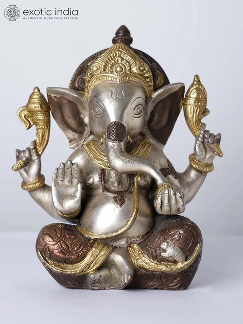 8" Four Armed Blessing Ganesha Brass Statue for Pooja
