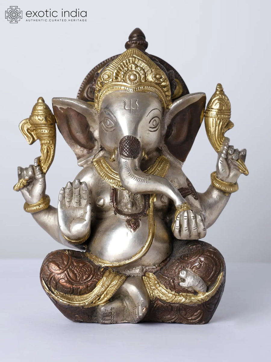 8" Four Armed Blessing Ganesha Brass Statue for Pooja