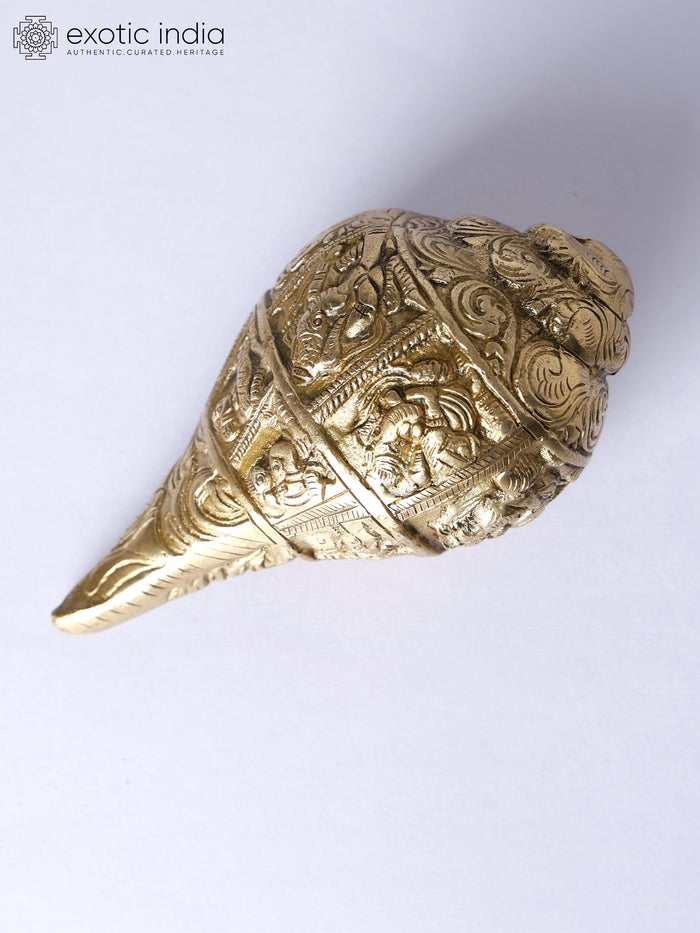 5" Brass Conch Idol with Ganesha Carving for Pooja