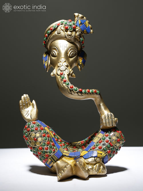 10" Handmade Brass Lord Ganesha Statue with Inlay Work