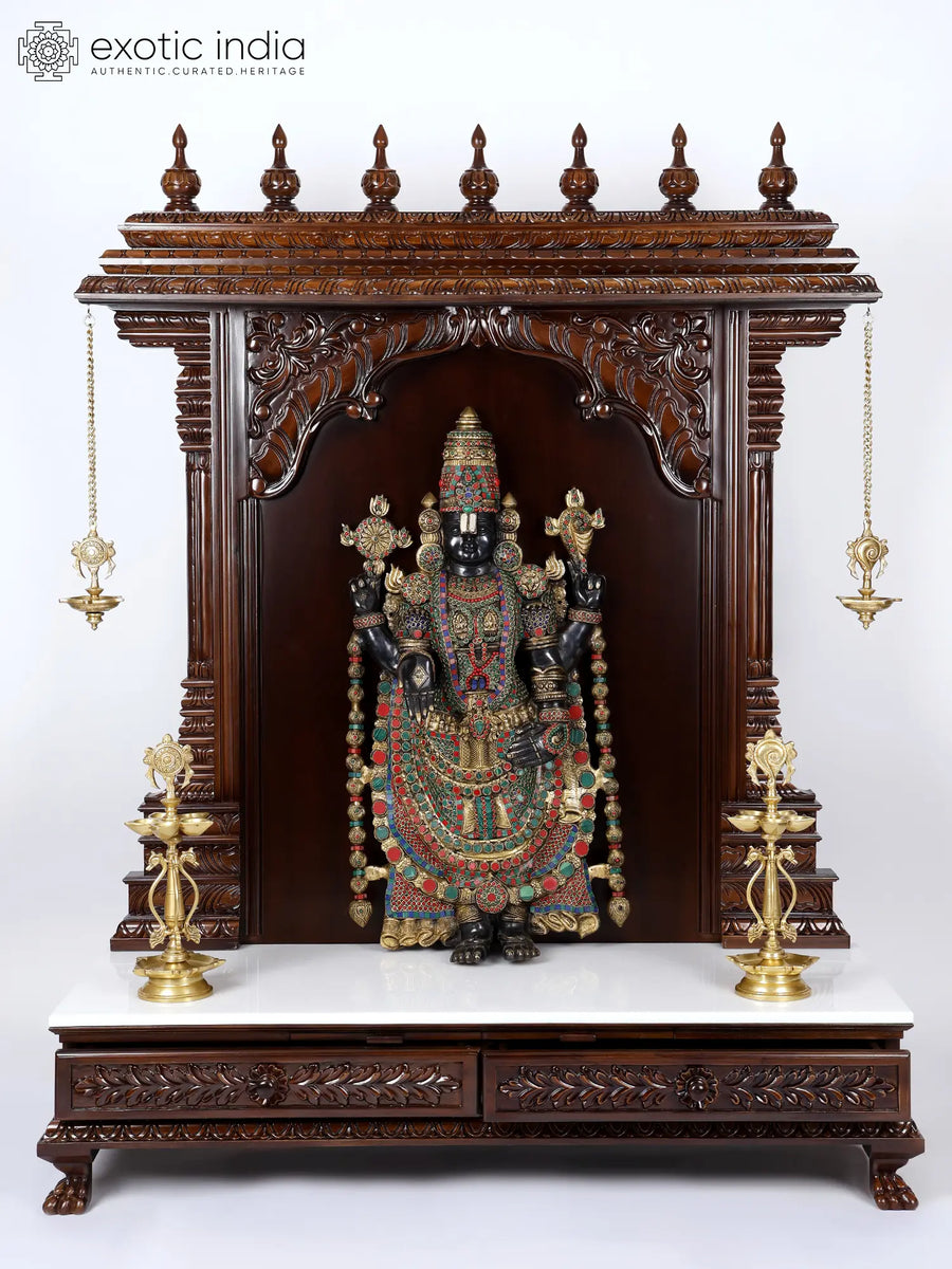 61" Large Tirupati Balaji Temple Brass Statue with Oil Lamps