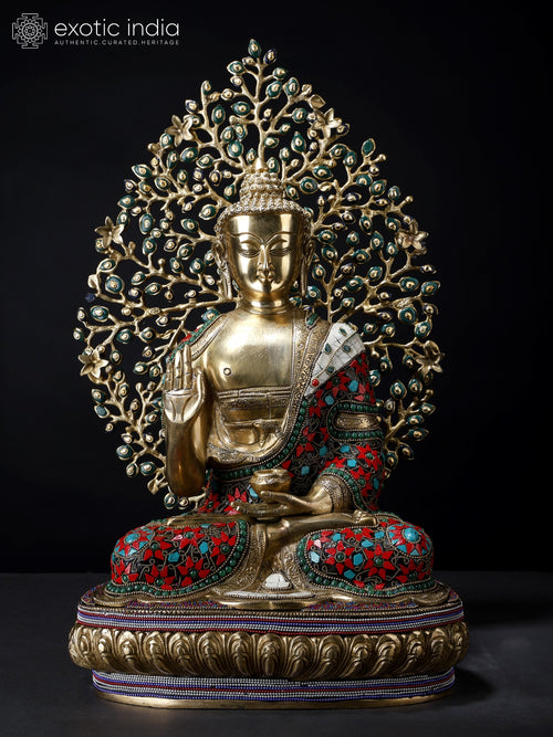 20" Shakyamuni Buddha Brass Statue with Bodhi Tree Inlay
