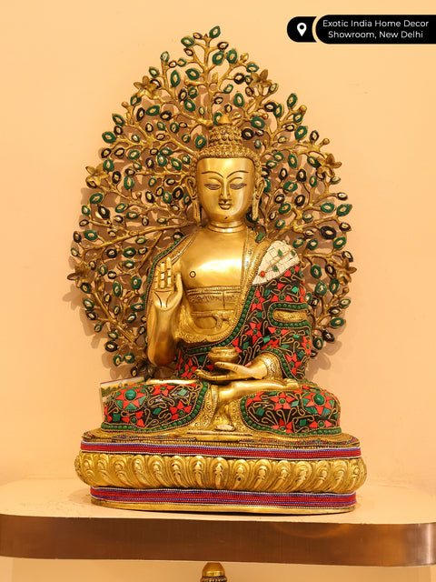 20" Superfine Shakyamuni Buddha Inlay Brass Statue with Bodhi Tree as Backdrop