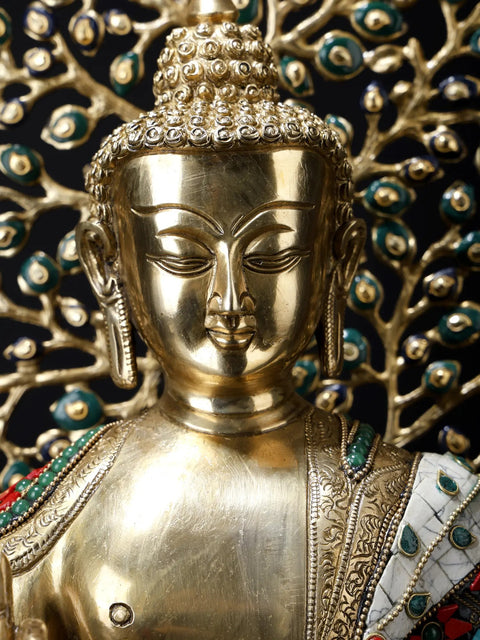 20" Superfine Shakyamuni Buddha Inlay Brass Statue with Bodhi Tree as Backdrop