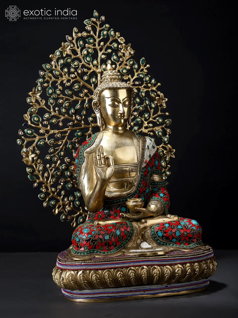 20" Superfine Shakyamuni Buddha Inlay Brass Statue with Bodhi Tree as Backdrop