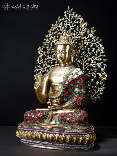20" Superfine Shakyamuni Buddha Inlay Brass Statue with Bodhi Tree as Backdrop