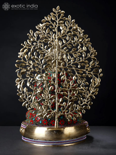20" Superfine Shakyamuni Buddha Inlay Brass Statue with Bodhi Tree as Backdrop