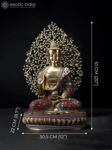 20" Superfine Shakyamuni Buddha Inlay Brass Statue with Bodhi Tree as Backdrop