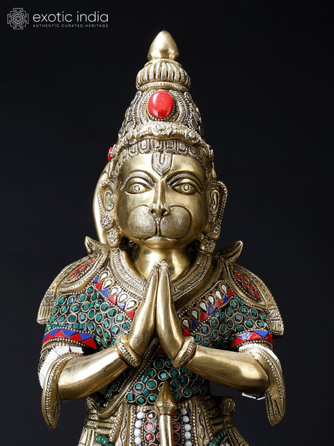 24" Standing Lord Hanuman in Namaskar Mudra | Brass Statue with Inlay Work