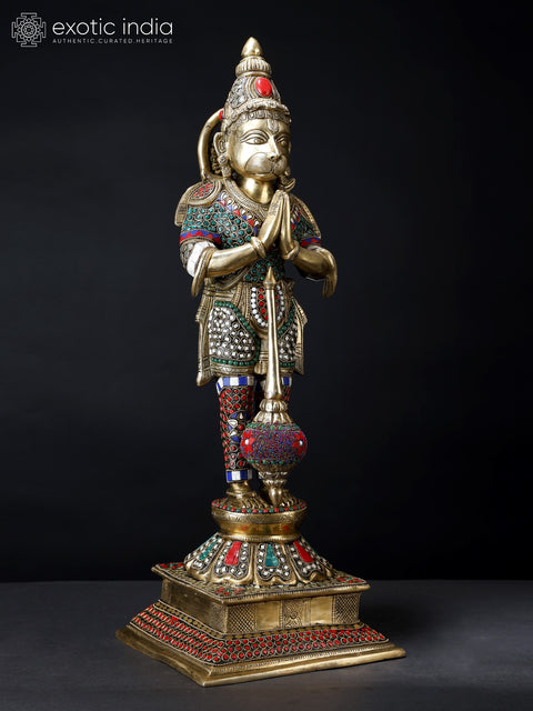 24" Standing Lord Hanuman in Namaskar Mudra | Brass Statue with Inlay Work