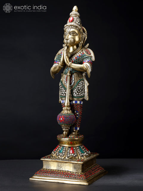 24" Standing Lord Hanuman in Namaskar Mudra | Brass Statue with Inlay Work