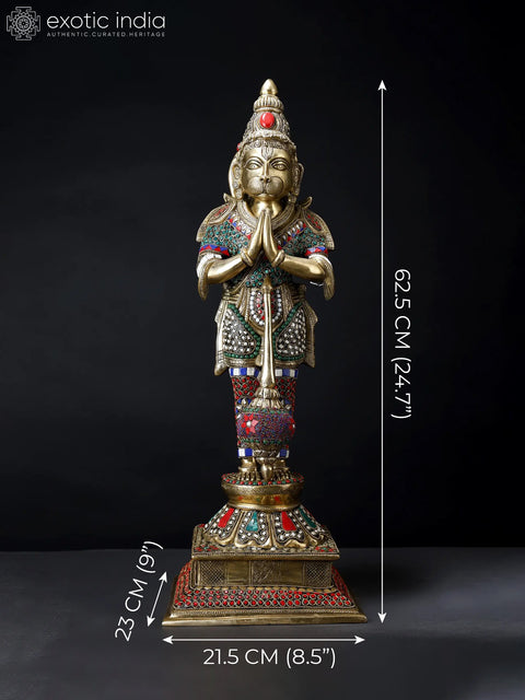 24" Standing Lord Hanuman in Namaskar Mudra | Brass Statue with Inlay Work