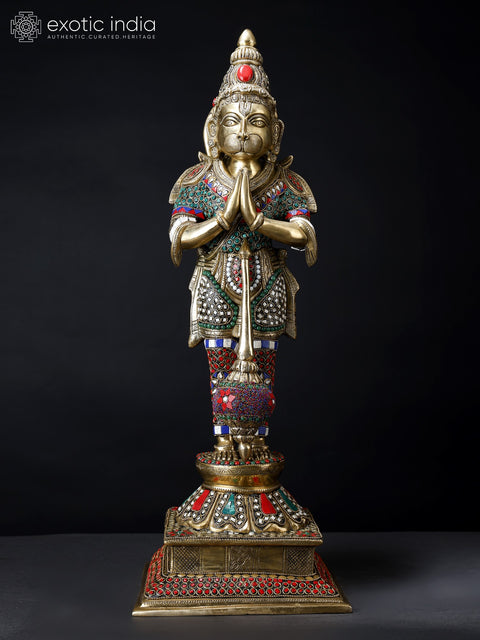 24" Standing Lord Hanuman in Namaskar Mudra | Brass Statue with Inlay Work