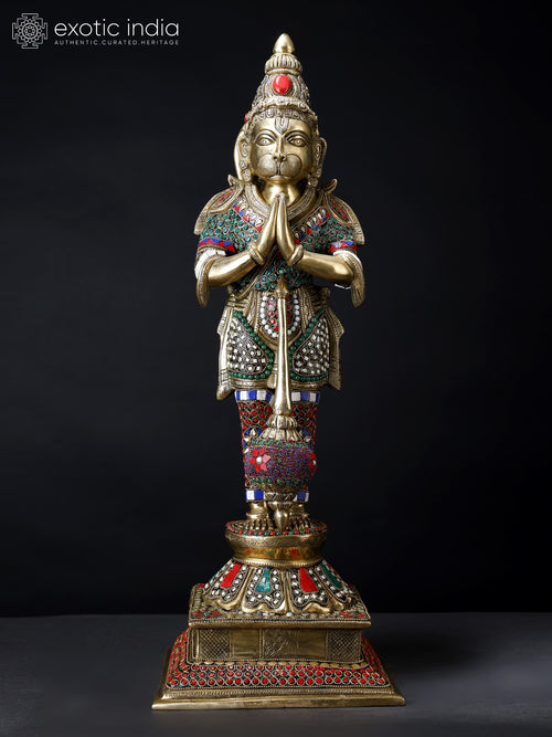 24" Standing Lord Hanuman Namaskar Mudra Brass Statue with Inlay