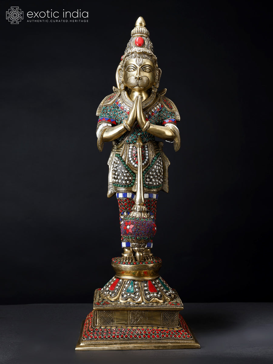 24" Standing Lord Hanuman Namaskar Mudra Brass Statue with Inlay