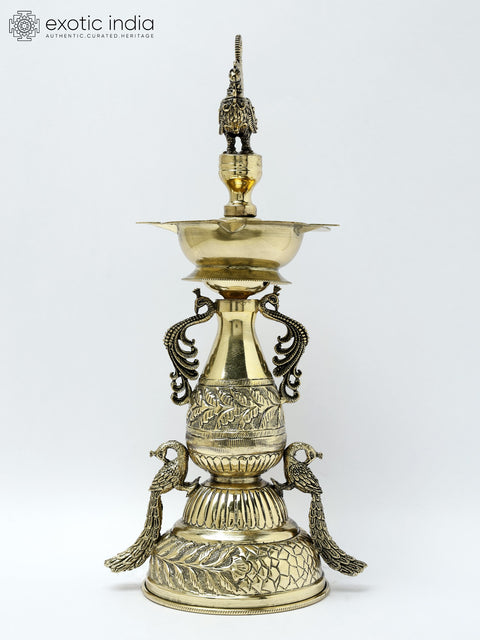 11" Superfine Five Wicks Designer Peacocks Lamp in Brass