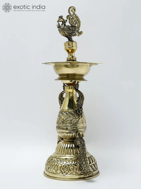 11" Superfine Five Wicks Designer Peacocks Lamp in Brass