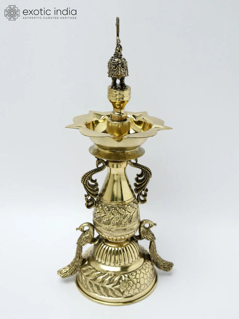 11" Superfine Five Wicks Designer Peacocks Lamp in Brass